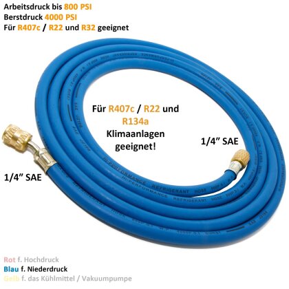 Kältemittel-Füllschlauch 150cm R134a R404A R407C R22 1/4 sae - 7/16 UNF