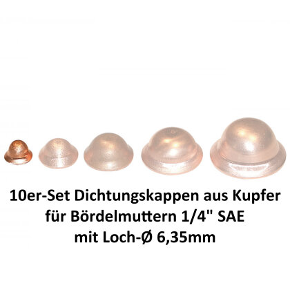 10er-Set Dichtungskappen aus Kupfer für Bördelmuttern 1/4" SAE mit Loch-Ø 6,35mm