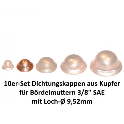 10er-Set Dichtungskappen aus Kupfer für Bördelmuttern 3/8" SAE mit Loch-Ø 9,52mm