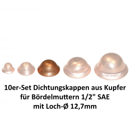 10er-Set Dichtungskappen aus Kupfer für Bördelmuttern 1/2" SAE mit Loch-Ø 12,7mm