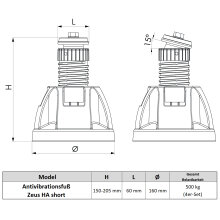 4x Antivibrationsfuß ZEUS HA short, Höhe 150-205 mm  & Neigung 0-15° (500kg gesamt) SCD500279