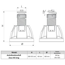 4x Antivibrationsfuß ZEUS HA long, Höhe 200-255 mm  & Neigung 0-15° (500kg gesamt) SCD500280