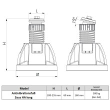6x Antivibrationsfuß ZEUS HA long, Höhe 200-255 mm  & Neigung 0-15° (500kg gesamt) SCD500351